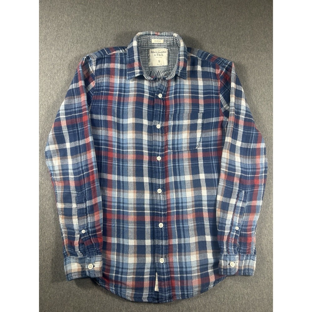 Abercrombie & Fitch Men's Muscle Fit Plaid Long‎ Sleeve Flannel Shirt Blue/red S